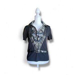 VTG Y2K Matel Black Ruffle Lace Sequin Collared Blouse Top Dark Fairy Grunge S-M